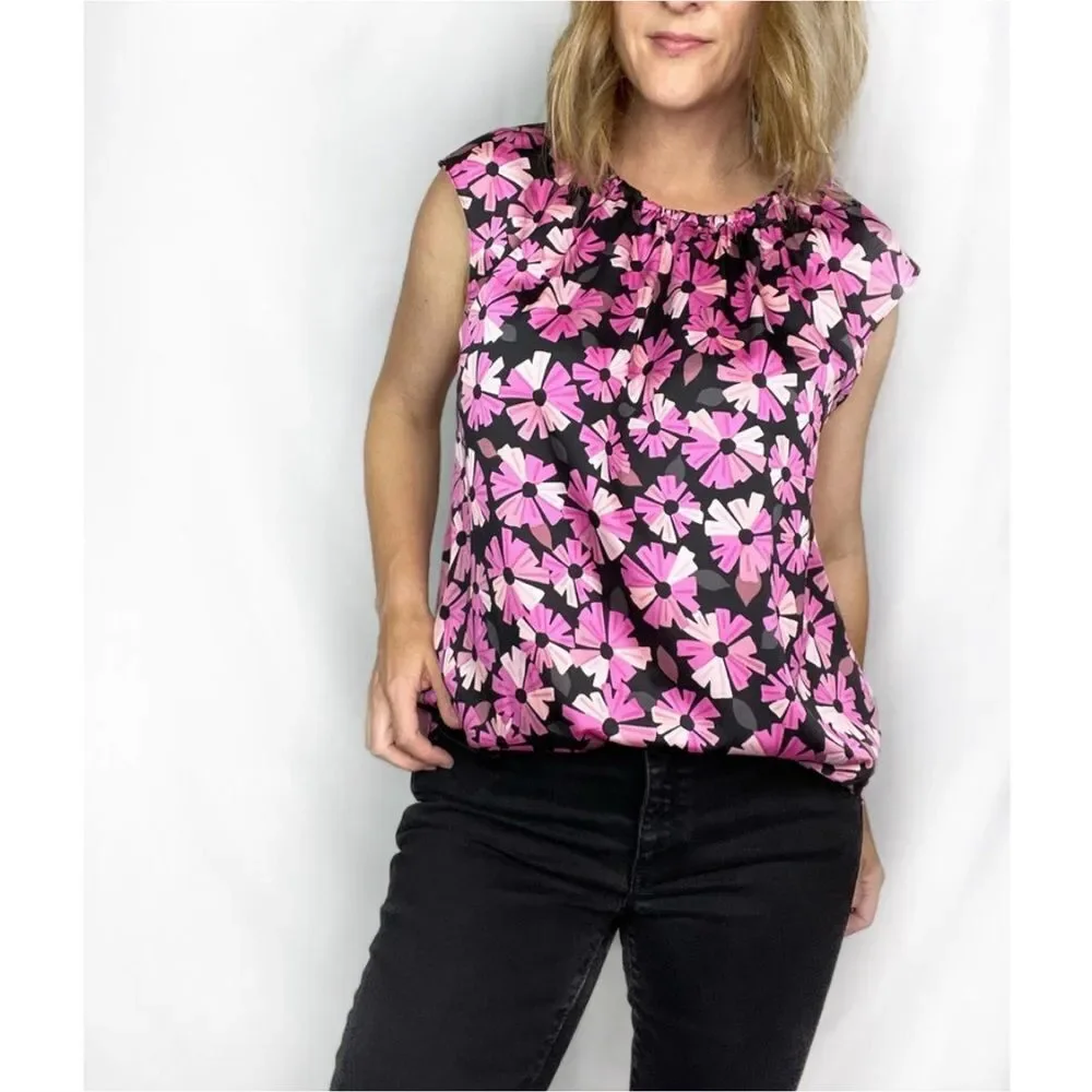 Kate Spade Wallflower Tie Neck Blouse Top Shell Pink Black Floral Printed S